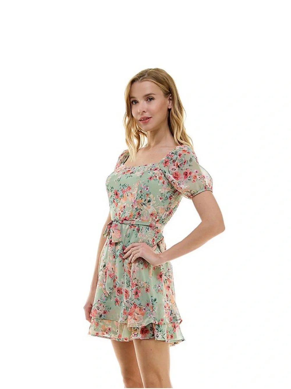 Lily Rose Mint Floral Puff-Sleeve Dress with Pink & Coral Blooms